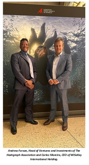 Text Box:  
Andrew Forson, Head of Ventures and Investments of The Hashgraph Association and Carlos Moreira, CEO of WISeKey International Holding.
