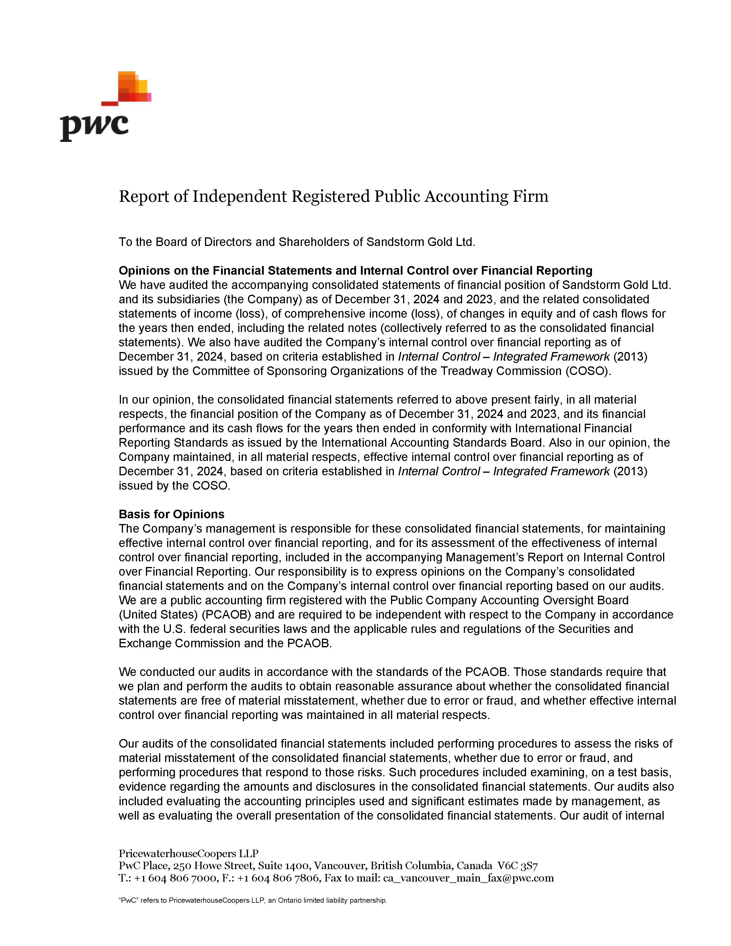 Sandstorm Gold Ltd.- 2024 PwC Audit Report - typesigned_Page_1.jpg