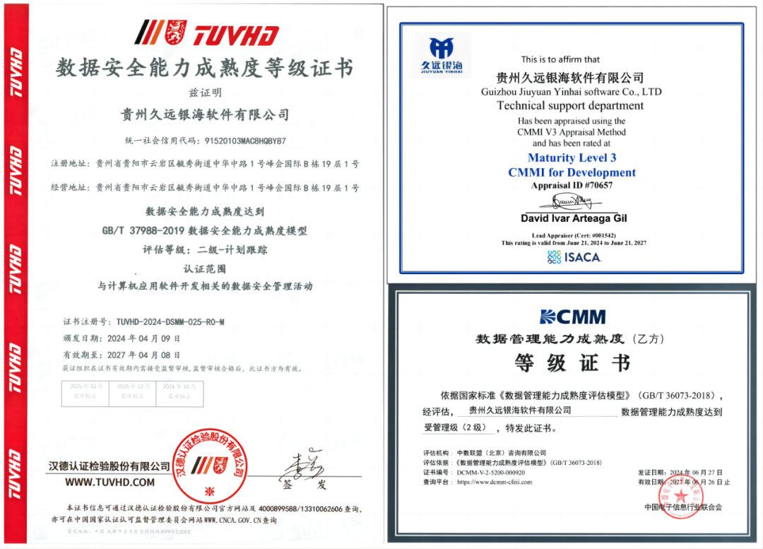 贵州久远银海顺利通过双软认证并获dsmm,dcmm,cmmi三项权威认证证书