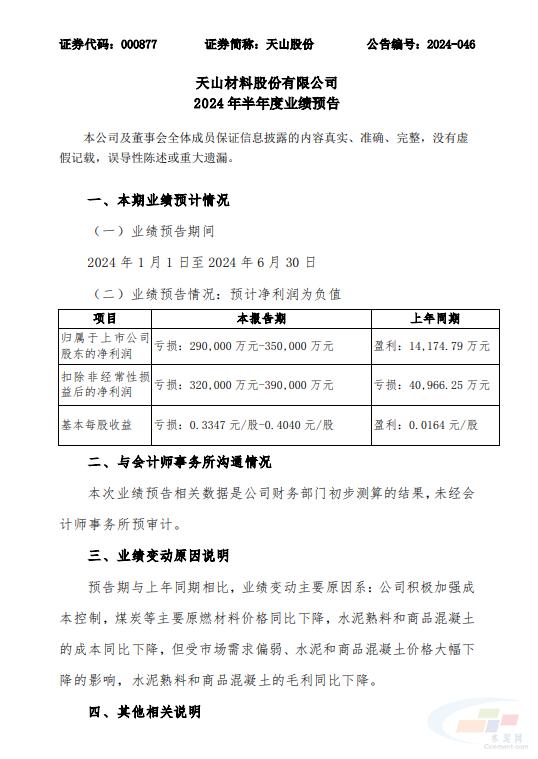 天山股份:预计2024年上半年亏损29亿—35亿