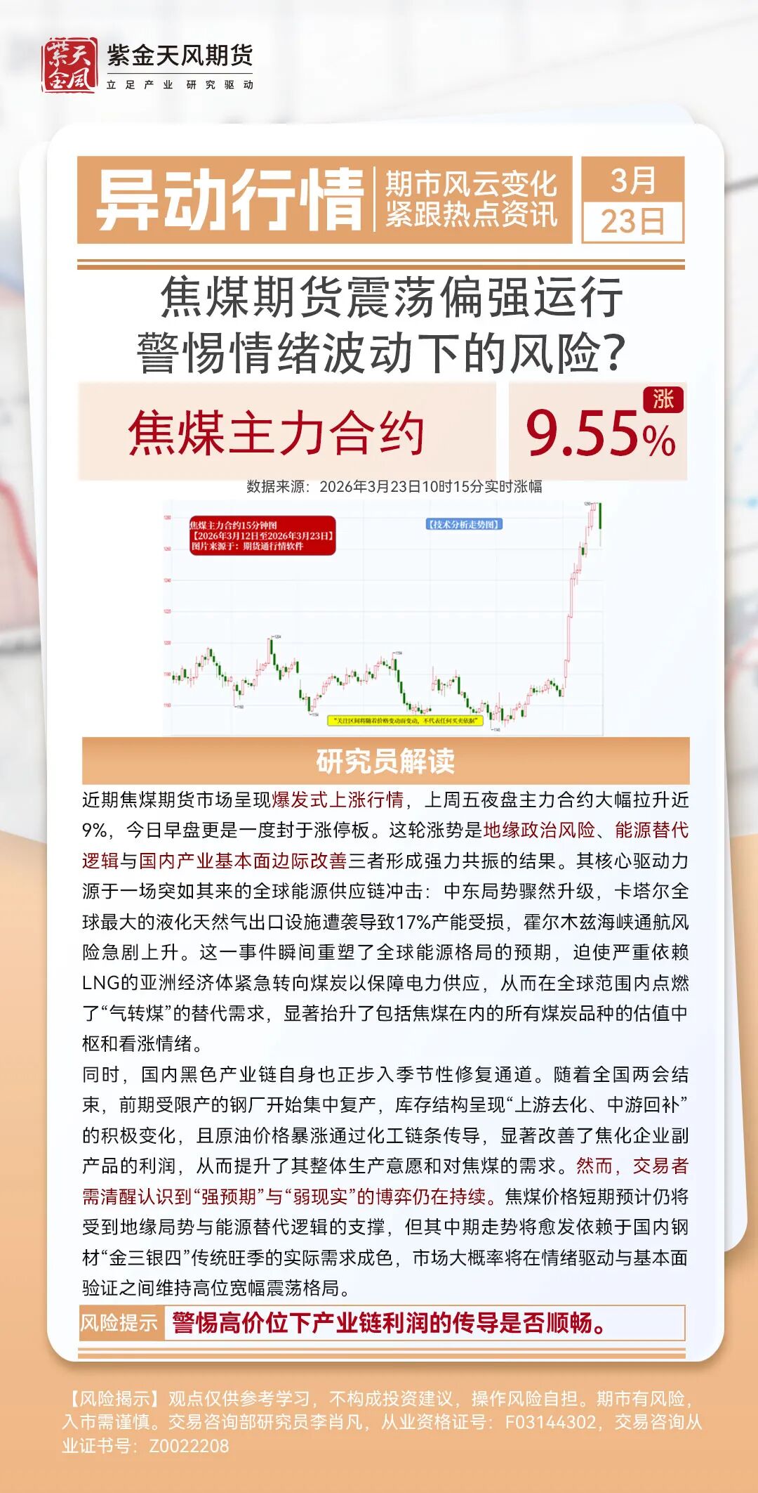 【3月23日异动行情】焦煤期货震荡偏强运行;警惕情绪波动下的风险?