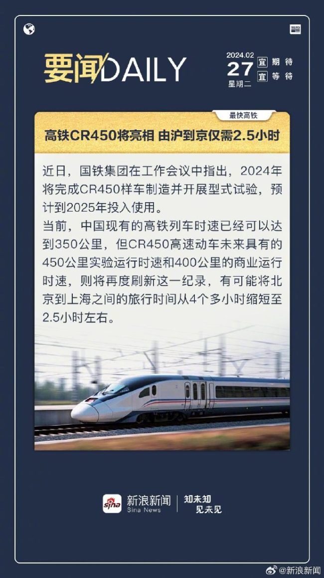 高铁cr450将投入使用 上海到北京仅需25小时